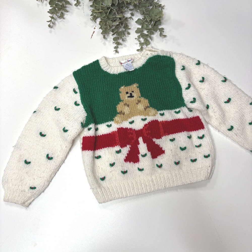 Puzzles Vintage Christmas Teddy Bear Knit Sweater Kids 4T Green‎ White Red Bow
